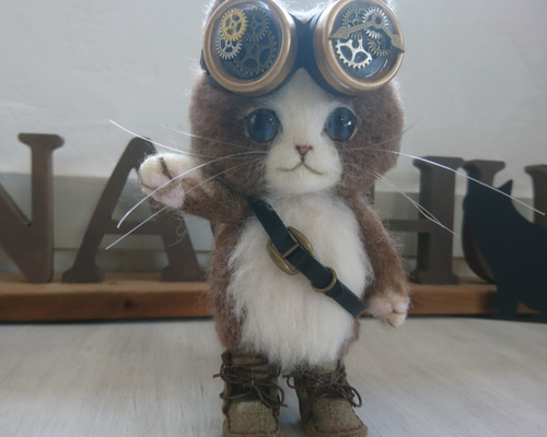かわいくてかっこいいスチームパンクな猫の人形 置物 羊毛フェルト