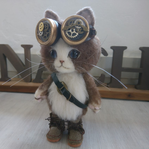 かわいくてかっこいいスチームパンクな猫の人形 置物 羊毛フェルト