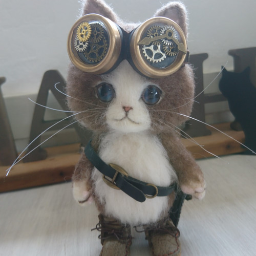 かわいくてかっこいいスチームパンクな猫の人形 置物 羊毛フェルト