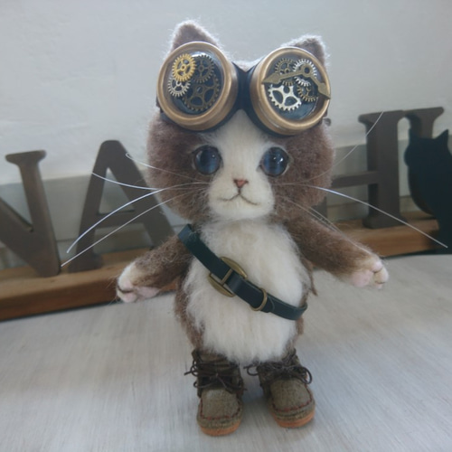 羊毛フェルト スチームパンク猫 壁掛けオブジェ ハンドメイド Tee様 猫