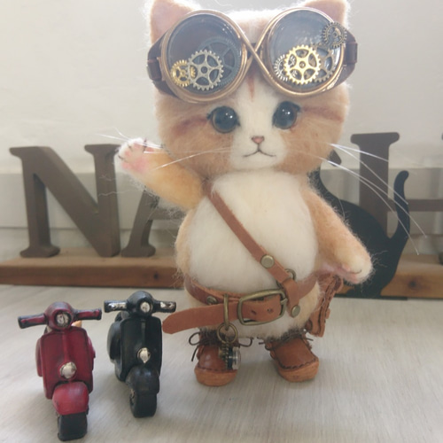 スチームパンクな冒険家 猫くん 羊毛フェルト 置物 全身可動