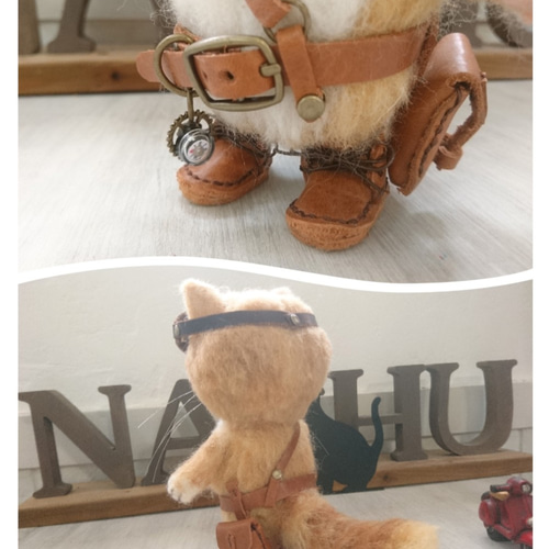 スチームパンクな冒険家 猫くん 羊毛フェルト 置物 全身可動