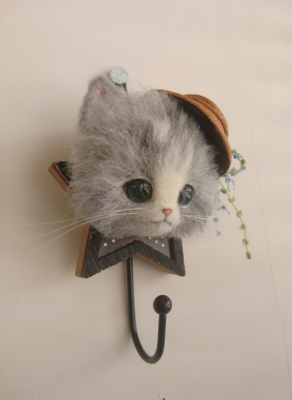 ごーぐるにゃんこフック　羊毛フェルト　サバシロ 猫　ホルダー 雑貨 2枚目の画像