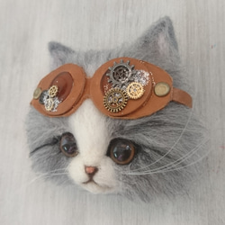 ごーぐるにゃんこブローチ　羊毛フェルト　長毛猫　ブローチ サバシロ　スチームパンク　steampunk 5枚目の画像