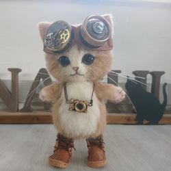 スチームパンクなカメラ猫くん 羊毛フェルト 置物 全身可動 ねこ
