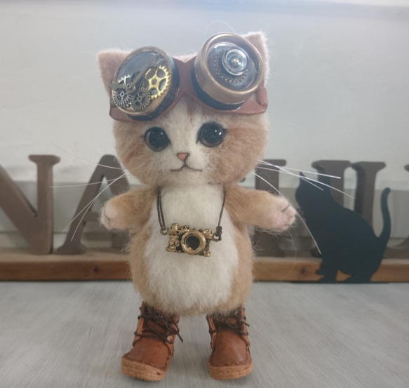 ハンドメイド スチームパンク黒猫 55㎝ ネコ 猫又ぬいぐるみ BIG