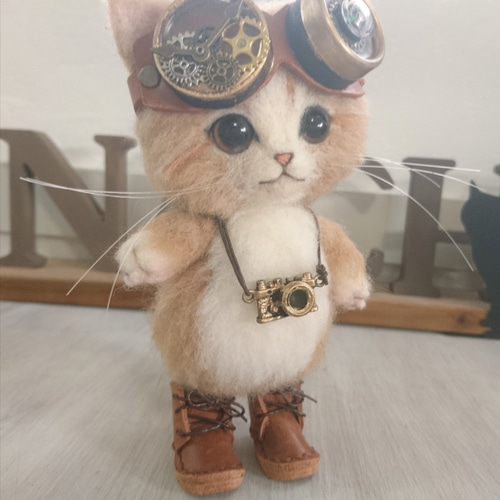 羊毛フェルト スチームパンク三毛猫の壁掛けオブジェ【ハンドメイド