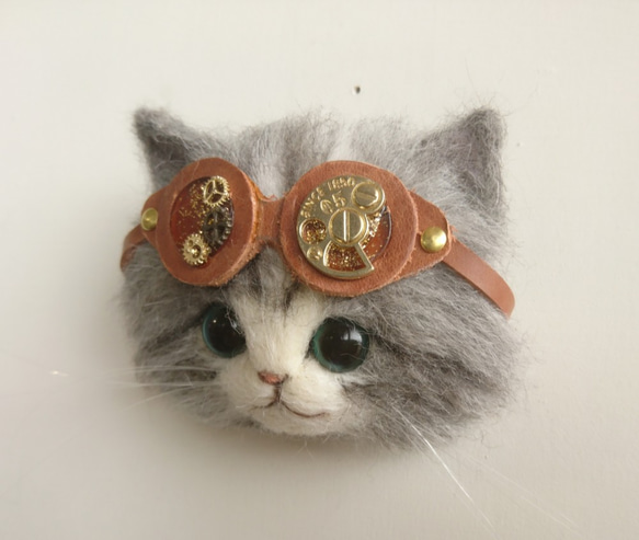 ごーぐるにゃんこブローチ 長毛種 スチームパンク　steampunk 4枚目の画像