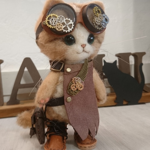 羊毛フェルト　スチームパンク三毛猫の壁掛けオブジェ【ハンドメイド Yahoo!オークション - 羊毛フェルト ハンドメイド 三毛猫 猫