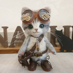 ハンドメイド　スチームパンク黒猫　55㎝　ネコ　猫又ぬいぐるみ　BIG スチームパンクの冒険猫 羊毛フェルト 置物 全身可動 ねこ