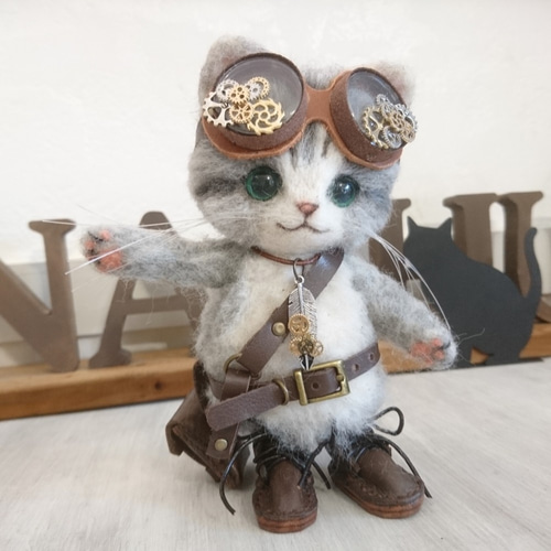 ハンドメイド スチームパンク黒猫 55㎝ ネコ 猫又ぬいぐるみ BIG