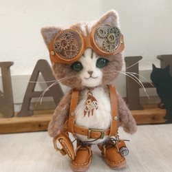 スチームパンクの冒険猫 羊毛フェルト 置物 全身可動 ねこ