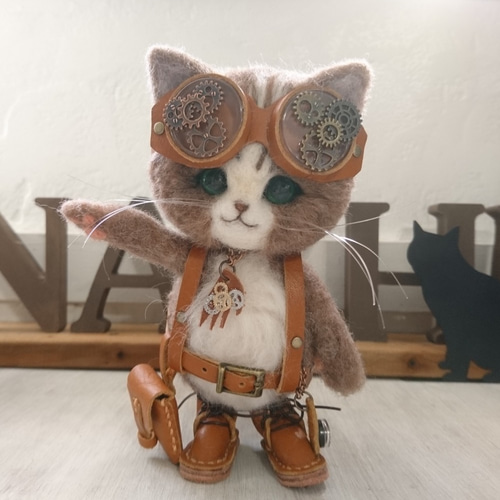 ハンドメイド　スチームパンク黒猫　55㎝　ネコ　猫又ぬいぐるみ　BIG ハンドメイドスチームパンク黒猫55㎝ネコ猫又ぬいぐるみBIG
