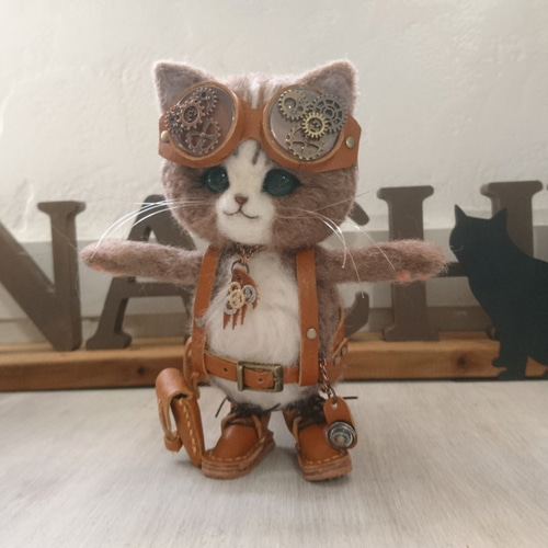 ハンドメイド　スチームパンク黒猫　55㎝　ネコ　猫又ぬいぐるみ　BIG ハンドメイド スチームパンク黒猫 55㎝ ネコ 猫又ぬいぐるみ BIG