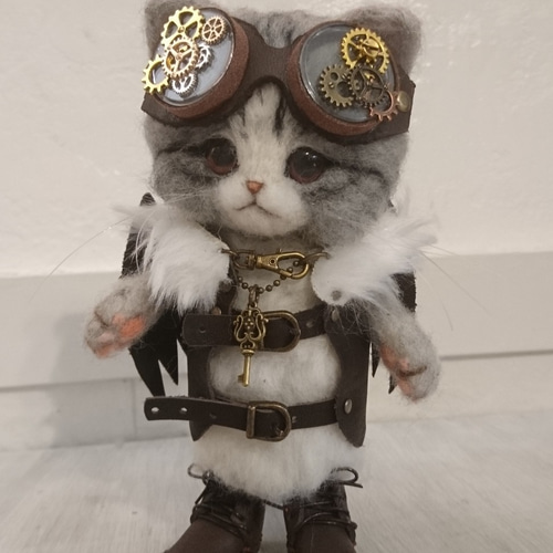 スチームパンクのサバしろ猫 羊毛フェルト 置物 全身可動 ねこ