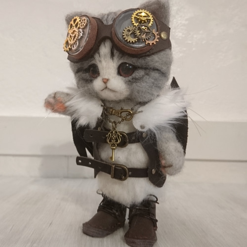 ハンドメイド　スチームパンク黒猫　55㎝　ネコ　猫又ぬいぐるみ　BIG ハンドメイドスチームパンク黒猫55㎝ネコ猫又ぬいぐるみBIG
