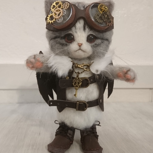 ハンドメイド スチームパンク黒猫 55㎝ ネコ 猫又ぬいぐるみ BIG