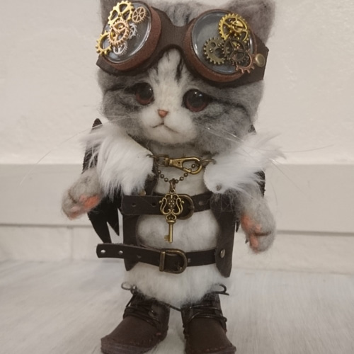 スチームパンクのサバしろ猫 羊毛フェルト 置物 全身可動 ねこ