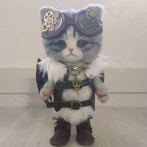 スチームパンクのサバしろ猫 羊毛フェルト 置物 全身可動 ねこ