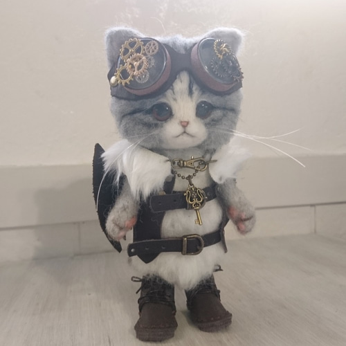 ハンドメイド　スチームパンク黒猫　55㎝　ネコ　猫又ぬいぐるみ　BIG