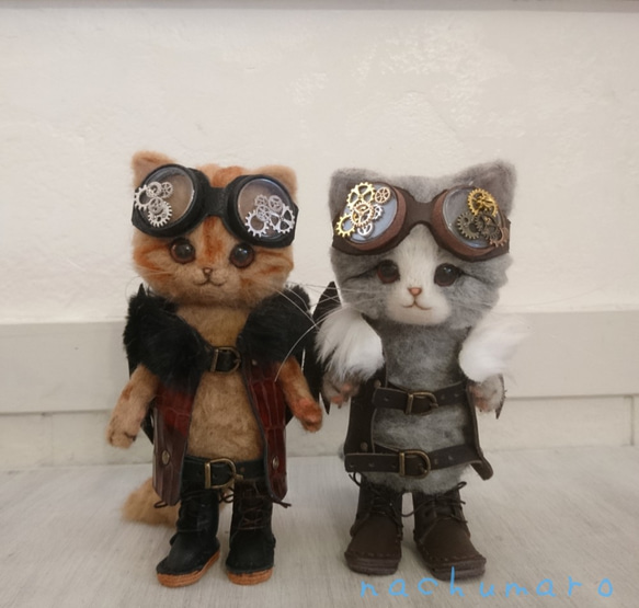 スチームパンクのカップル猫 羊毛フェルト 置物 全身可動 ねこ