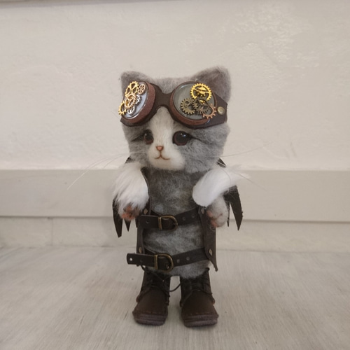 スチームパンクのカップル猫 羊毛フェルト 置物 全身可動 ねこ