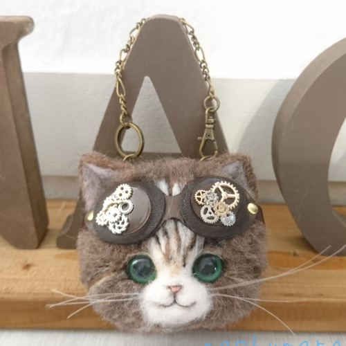 ごーぐるにゃんこ バッグチャーム 羊毛フェルト 猫 キジトラ白 
