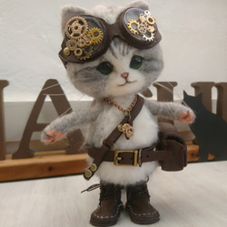蒸汽朋克鯖魚白貓毛氈飾品全身可移動貓毛絨玩具娃娃雜貨 第8張的照片