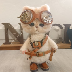 スチームパンクのカメラ猫 羊毛フェルト 置物 全身可動 ねこ