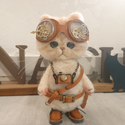 スチームパンクのカメラ猫 羊毛フェルト 置物 全身可動 ねこ