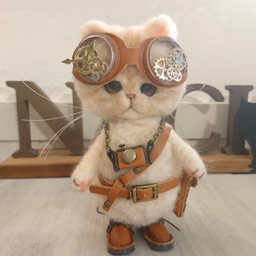 スチームパンクのカメラ猫 羊毛フェルト 置物 全身可動 ねこ