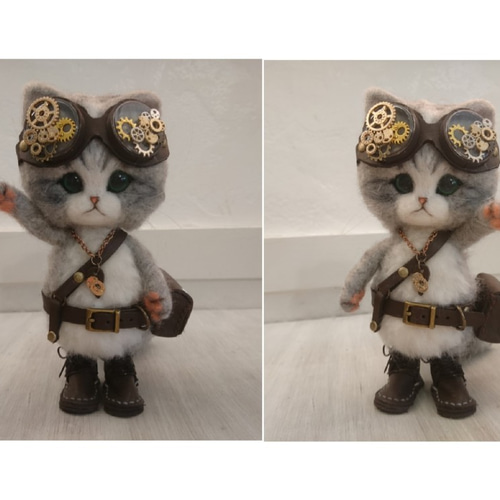 スチームパンクのサバ白猫 羊毛フェルト 置物 全身可動 ねこ