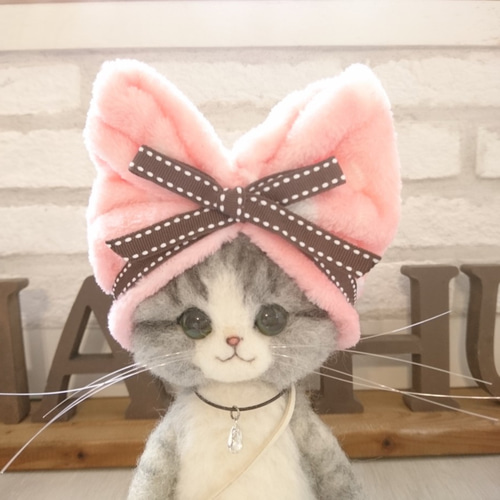 猫耳帽子のサバ白猫 ぬいぐるみ 羊毛フェルト 置物 全身可動 羊毛 