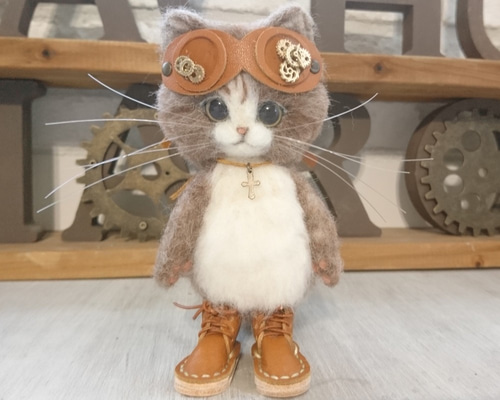 スチームパンクのごーぐるにゃんこ（Sサイズ） はちわれ猫 ぬいぐるみ