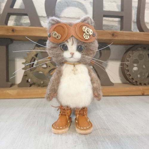 スチームパンクのごーぐるにゃんこ（Sサイズ） はちわれ猫 ぬいぐるみ 