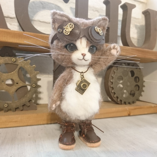 スチームパンクのごーぐるにゃんこ（Mサイズ） はちわれ猫 ぬいぐるみ