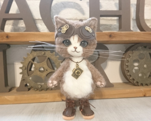 ハンドメイド　スチームパンク黒猫　55㎝　ネコ　猫又ぬいぐるみ　BIG ハンドメイドスチームパンク黒猫55㎝ネコ猫又ぬいぐるみBIG