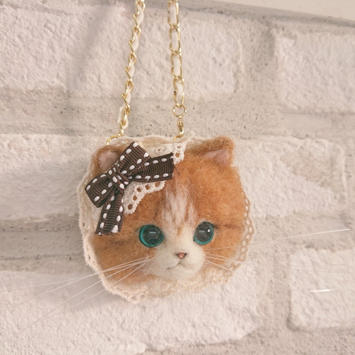 ★リクエスト品に変更　フェルト　ネコのチャーム　ハンドメイド リボンにゃんこのバッグチャーム 羊毛フェルト 茶白猫 ねこ 羊毛
