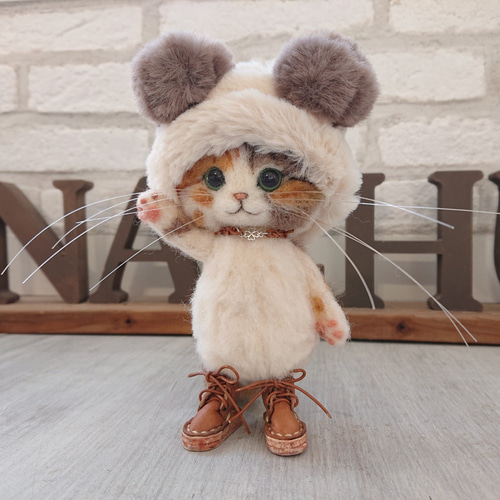 冬支度のごーぐるにゃんこ 三毛猫 ぬいぐるみ（Sサイズ） 羊毛フェルト