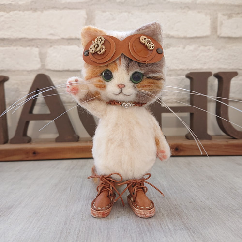 冬支度のごーぐるにゃんこ 三毛猫 ぬいぐるみ（Sサイズ） 羊毛フェルト