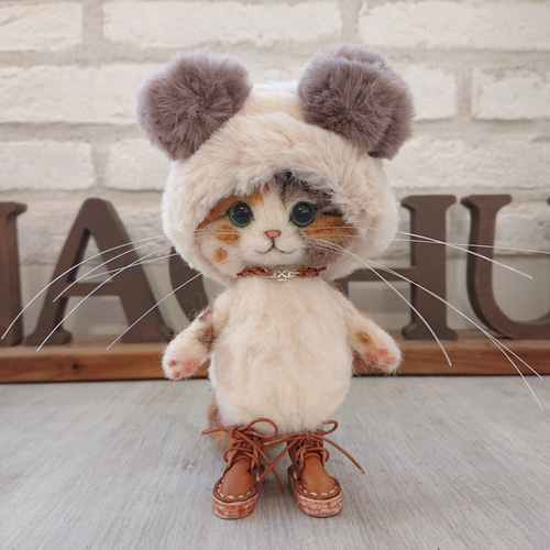 冬支度のごーぐるにゃんこ 三毛猫 ぬいぐるみ（Sサイズ） 羊毛フェルト