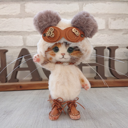 冬支度のごーぐるにゃんこ 三毛猫 ぬいぐるみ（Sサイズ） 羊毛フェルト 