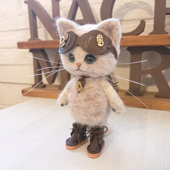 スチームパンクのごーぐるにゃんこ （Sサイズ）　羊毛フェルト ねこ ぬいぐるみ ねこ 7枚目の画像