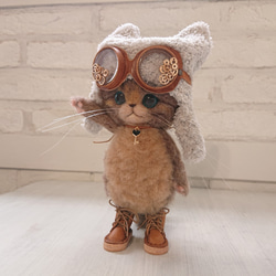 猫みみ飛行機帽子のごーぐるにゃんこ ぬいぐるみ　羊毛フェルト ねこ 4枚目の画像