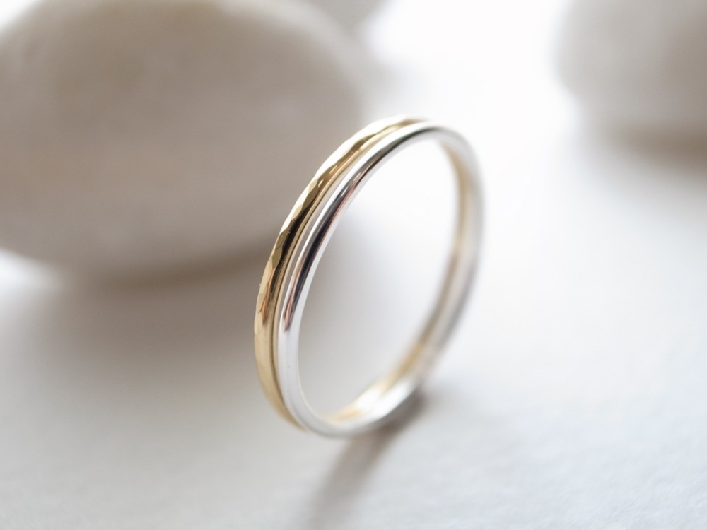 【セットリング】K18ゴールド 槌目リング/tsuchime & シルバー950 プレーンリング/plain