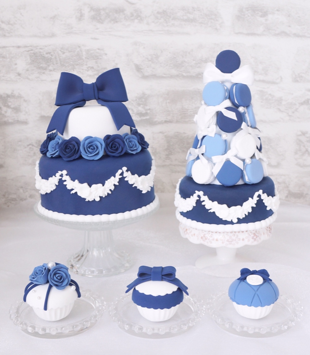 クレイケーキ＆マカロンタワー＆カップケーキ✳︎ネイビー紺＊色変更可＊ウェルカムスペース＊ウェディング＊フェイクケーキ