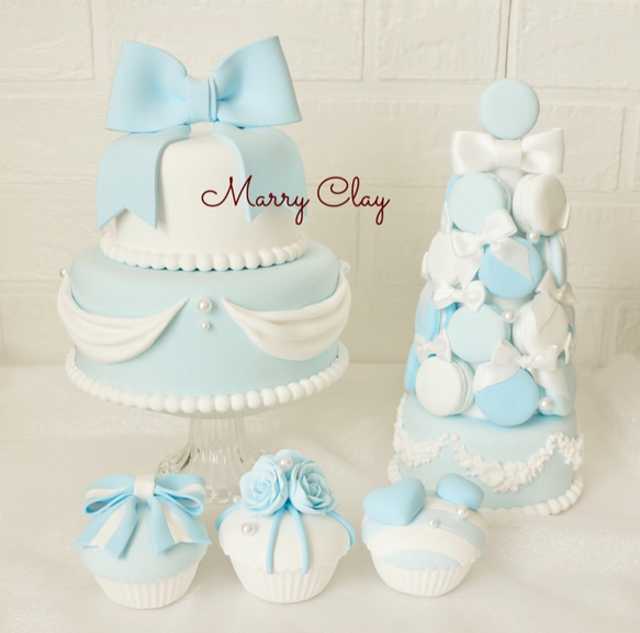 クレイケーキ＆マカロンタワー＆カップケーキ✳︎水色＊色変更可