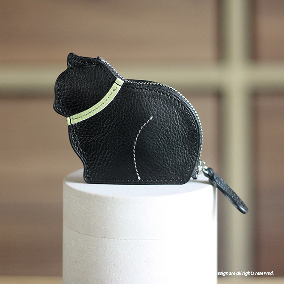 お座りする子猫のコインケース 小銭入れ・ ブラック×ピスタチオ[受注製作品]