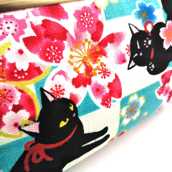 ◇ 日本現代· 黑貓和櫻花 ☆ Gamaguchi 小包 ◇ 藍色 第6張的照片