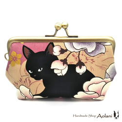 ◇和服圖案Gamaguchi小袋的黑貓和牡丹花◇淡粉色 第1張的照片